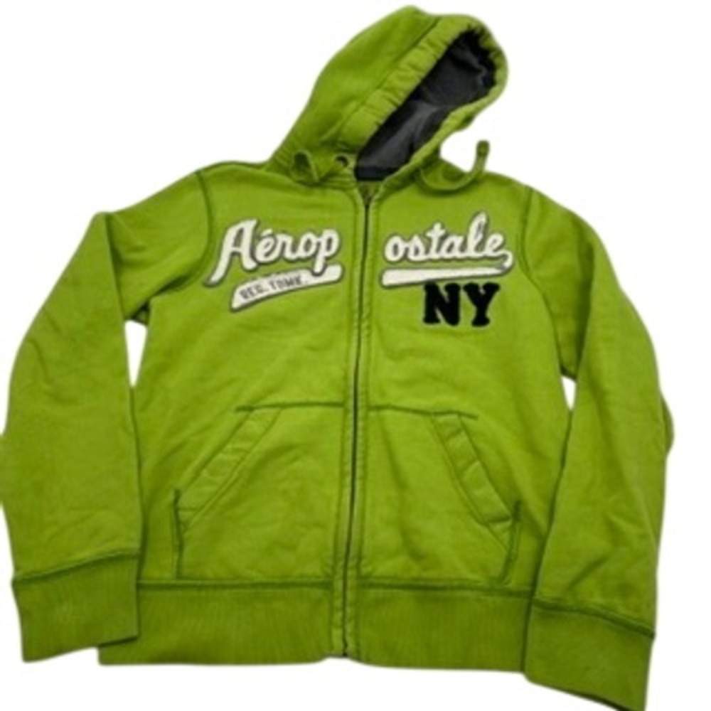 Aeropostale Mens Full Zip Hoodie Lime Green NY Graphic Sweatshirt Size M